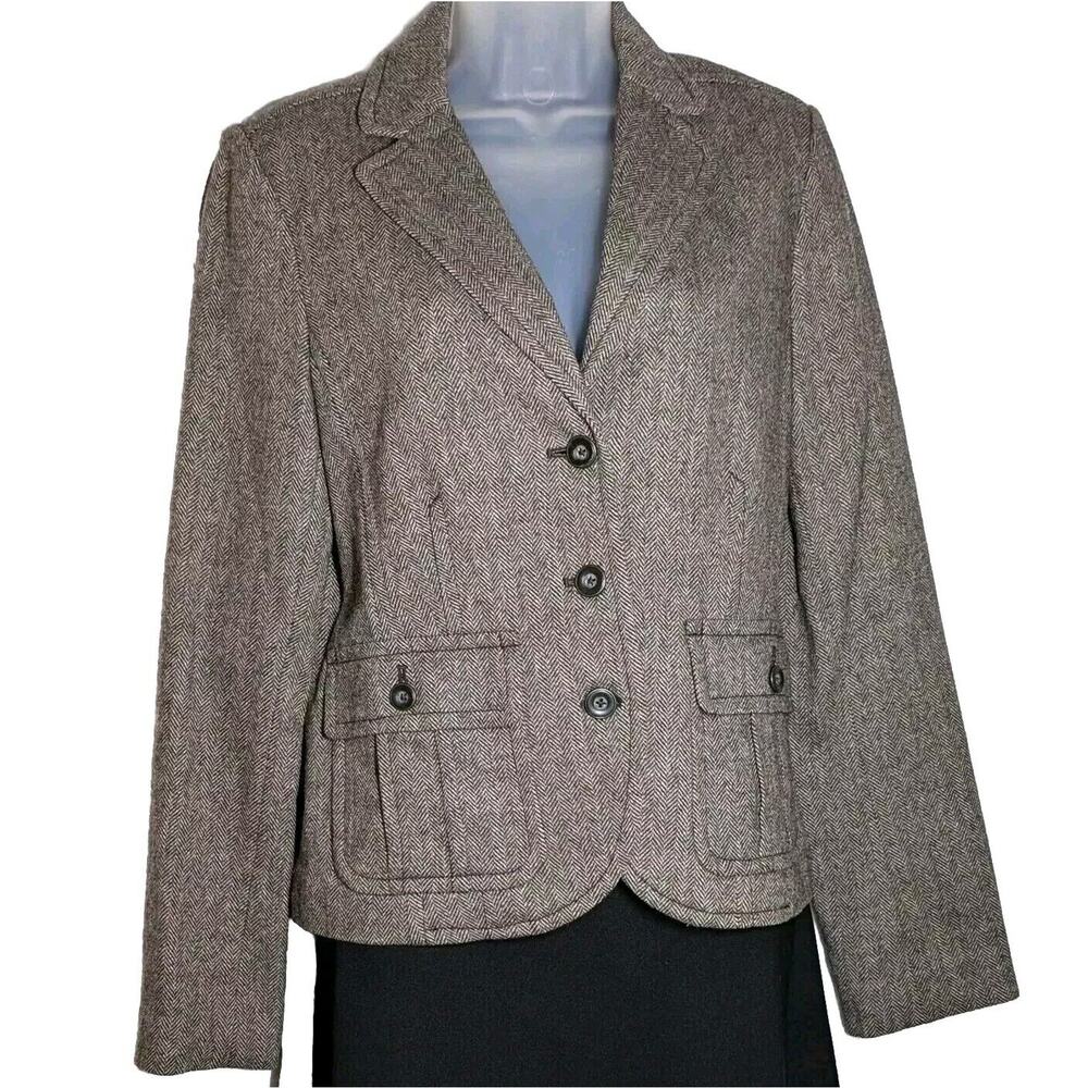 Eddie Bauer Blazer Women Sz 8 Brown Wool Blend 3-Button Herringbone Safari Style
